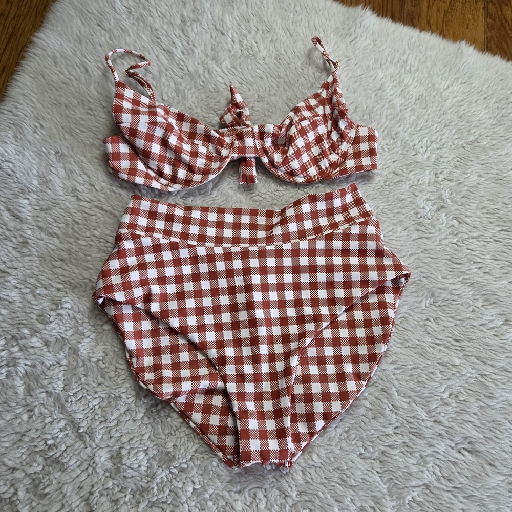 Skatie Bikini Set Women's Medium Gingham Rust Brown/Red White